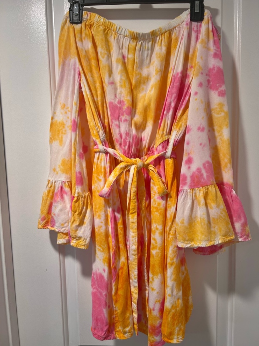 Feathers, Yellow and Pink Tie-Dye Off Shoulder Flare Sleeves Drawstring Dress